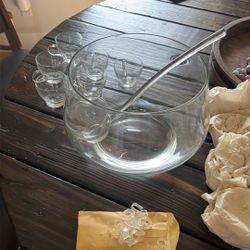 Glass Punch Bowl With Cups And Glass Ladle