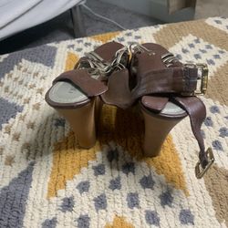 Cato Brown and Gold Strappy Wedge Sandals
