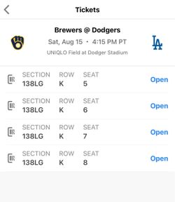 4 Dodgers v Brewers Loge Level Tickets - Saturday 8/15