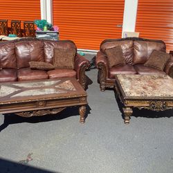 The North Shore by Ashley Leather Sofa and Loveseat Set with Marble Top Tables