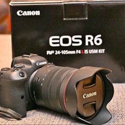 Canon R6, RF 24-105mm F4 L IS USM, RF to EF mount adapter, 2 Batteries, charger