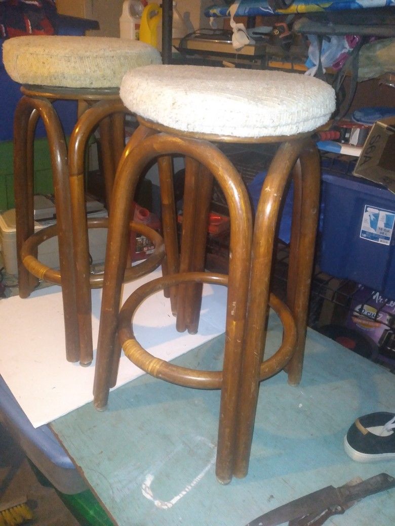 Vintage Rattan Bamboo Swivel Bar Stools Set Coastal Decor