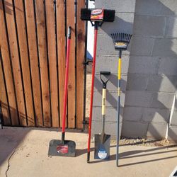 Miscellaneous Tools (Scraper (Lightly Used), Floor Brush (New), Garden Spade (New), Shrub Rake (New))