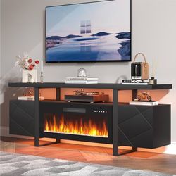 Modern Tv Stand With Electric Fireplace And Includes Storage Drawers And Cabinet Doors  