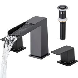 Hamoler 8 Inch Bathroom Sink Faucet 3 Hole Waterfall Black Basin With Drain