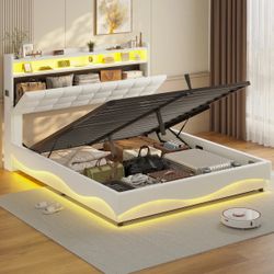 Queen size Lift Up Storage Bed Frame With Charging Station And Hidden Storage Headboard