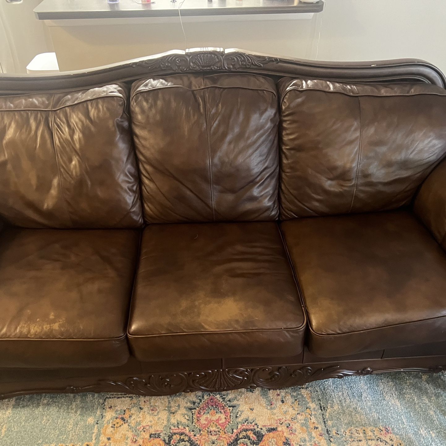 Brown Leather And Wood Couch And Table Set 