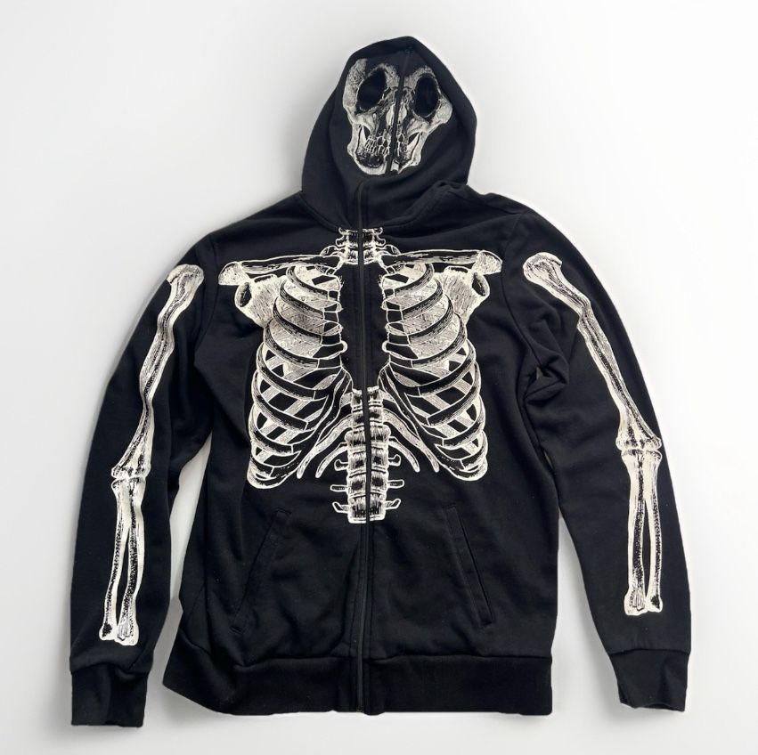 Social Collision Skeleton Face Bones Full-Zip Hoodie S Black Goth Punk Horror