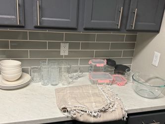 Collection of Dishes and Glasses and Boho table cloth