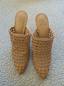 INC Woven Mule Heels Women Tan Pointed Toe Slip On Chic