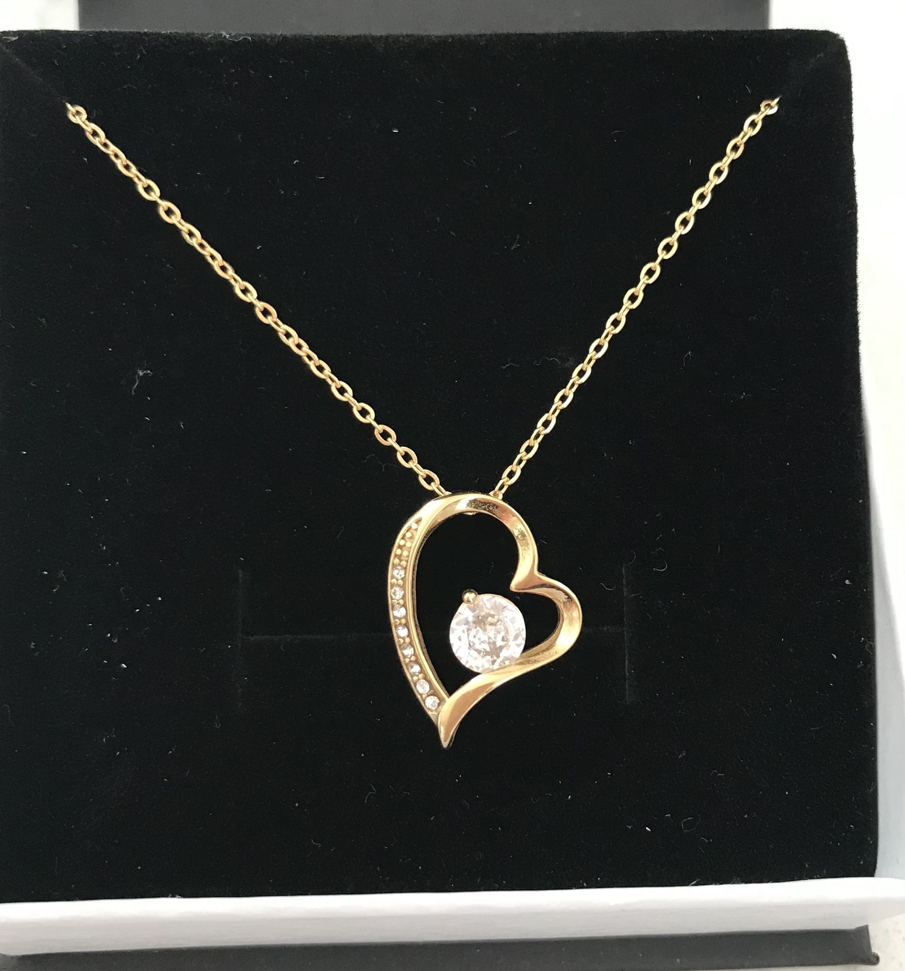 New in box  Gold Heart Necklace with Cubic Zirconia 6.5 center stone