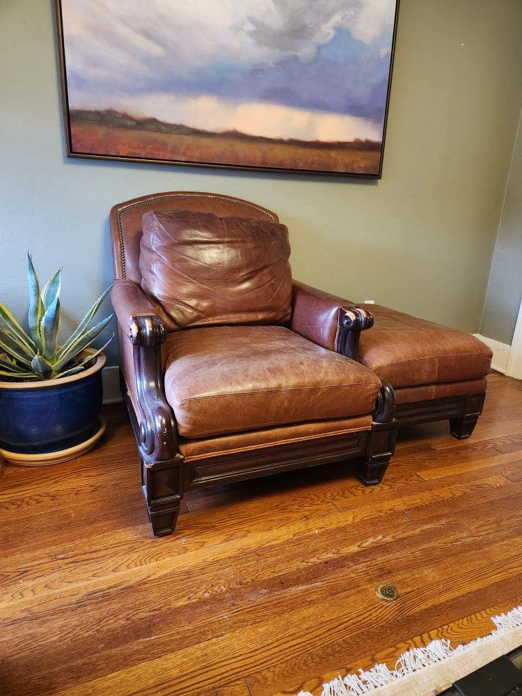 Brown Leather Chair - Ottoman