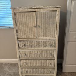 White Wicker Bedroom Set; Dresser With Mirror, Chest, Side Table