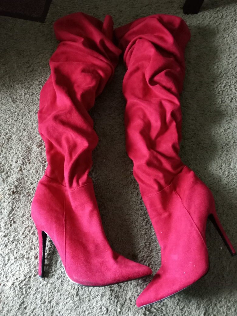 Red Knee High High Heel Boots Size 9 Women's