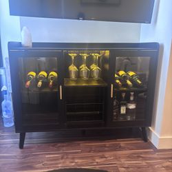 Modern Black Bar Cabinet with Glass Doors & LED Lighting – Excellent Condition