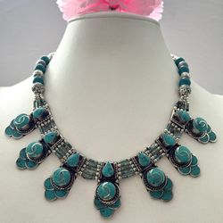 Stunning & vintage tribal theme handcrafted necklace with inlay turquoise set in Tibetan silver 18”inch
