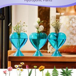 New In Box Small Glass Bud Vases for Flowers: Birthday Gifts for Wife Women Mom Garden Lovers- Set of 3 Heart Plant Terrarium Blue Glass 