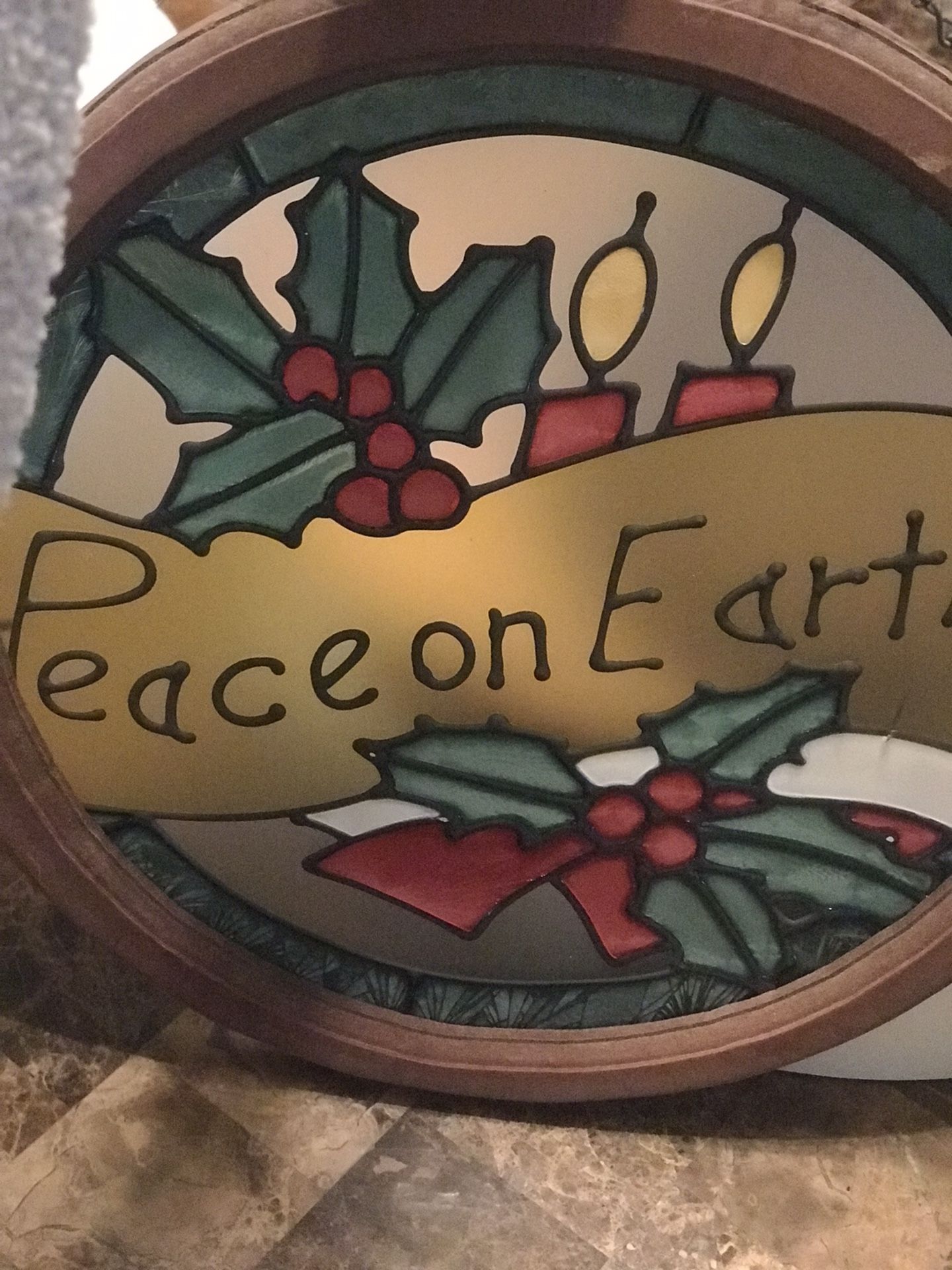 Vintage Peace on Earth Sun Catcher Wood Round Frame Holiday Christmas 
