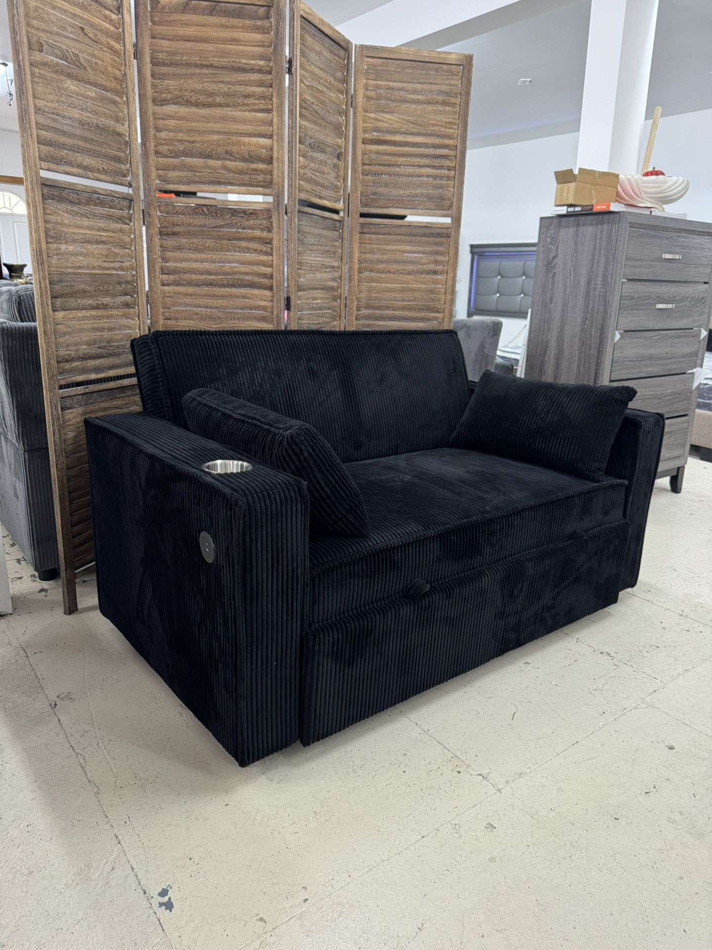 Sofa Sleeper Pullout Bed Corduroy Black With Charging