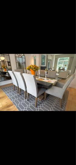 Restoration Hardware  Salvaged Wood & Concrete Trestle Dining table & Hudson Parsons Upholstered Chairs
