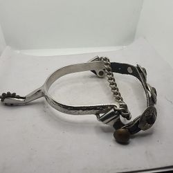 Ladies Floral Engraved Stainless Western Rowel Spur w/ Leather Strap Single