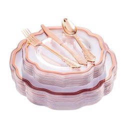 NOCCUR 150PCS Rose Gold Plastic Plates&Rose Gold Silverware-Include 30Dinner Plates, 30Salad plates, 90 Disposable Rose Gold Utensils- Ideal for Weddi