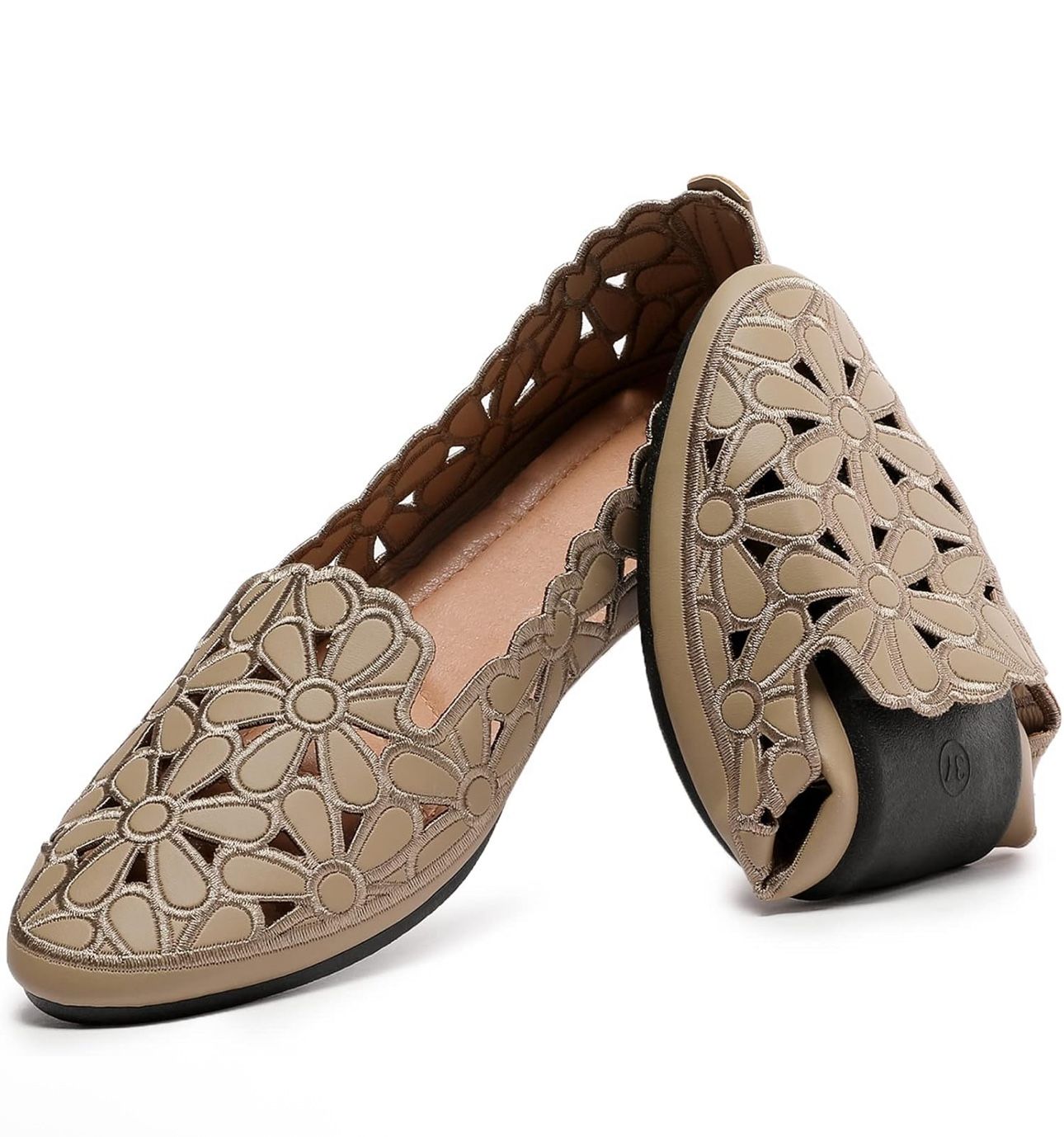 Women's Floral Ballet Flats for Women Beige Slip On Flowers PU Leather Round Toe Dress Shoes size 8.5 / 39.5