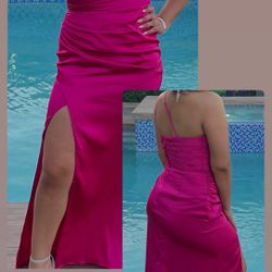 fuschia satin long dress