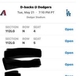 2 Tickets Los Angeles Dodgers vs Arizona Diamondbacks 5/21