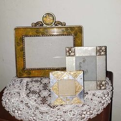 X3 VINTAGE SILVER GOLD FOIL YELLOW FLORAL FLOWER ENAMELED PICTURE FRAME ACCENT TABLE ART DECOR DISPLAY