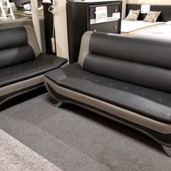 Brand New Black/Gray Faux Leather Sofa + Loveseat 2PCs Set
