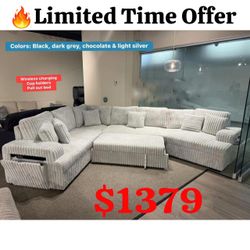 Corduroy LIGHT SILVER RHF Fabric Half U-Shaped Pull Out Sectional Sofa w/ Storage Armrest w/ USB + Pillows