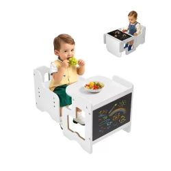 434*Montessori Weaning Table and Chair Set, 3 In 1 Wooden Toddler Table and Chairs with Chalkboard, Adjustable Height Montessori Table for Ages 1-5, I