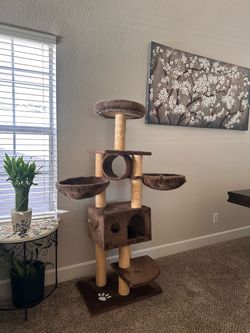 Tall Brown Cat Tree with Condos and Perches