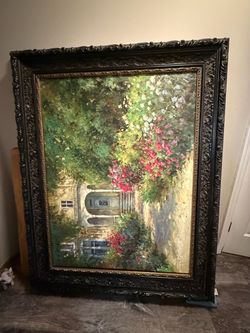 Large 5’x4’ Framed Garden Scene Oil Painting