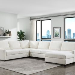 Brand New Light Biege Textured Linen U Sectional (102.5" x 135" x 32.5"H)