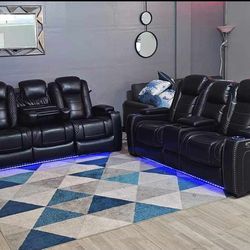 Party Time Power Reclining Sofa And Loveseat Black Leather Home Theater Movie Game Seating 
