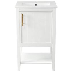 NEW White 20 in. W x 15.5 in. D x 33.5 in. H Single Sink Bath Vanity with Ceramic Top, and Open Shelf