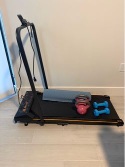 Incline Walking Pad with dumbbell, kettlebell and yoga mat