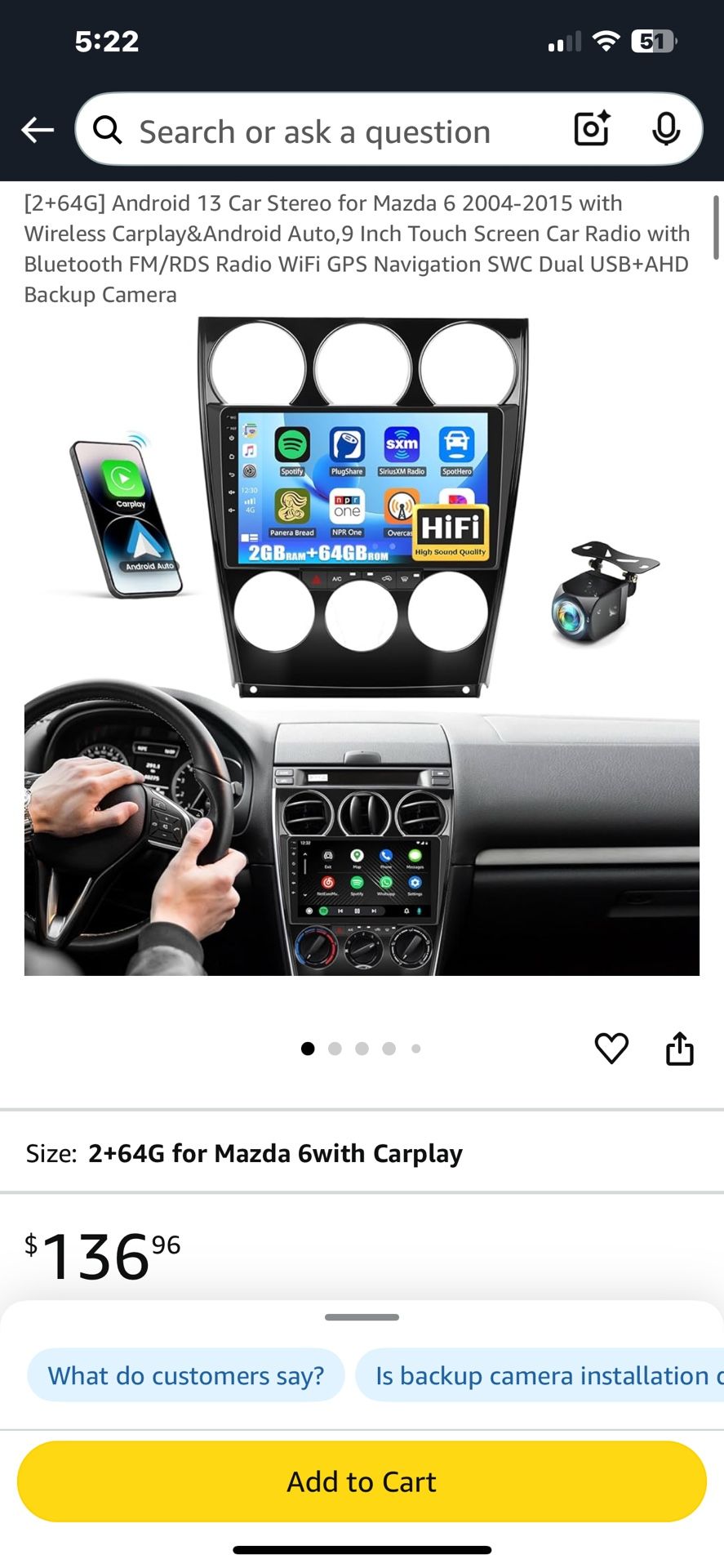 Android 13 Car Stereo for Mazda 6 2004-2015 with Wireless Carplay&Android Auto,9 Inch Touch Screen Car Radio with Bluetooth FM/RDS Radio WiFi GPS Navi