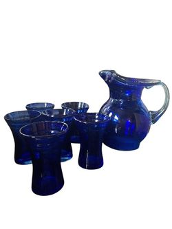 Handblown COBALT Swirl Pitcher And Glass Set