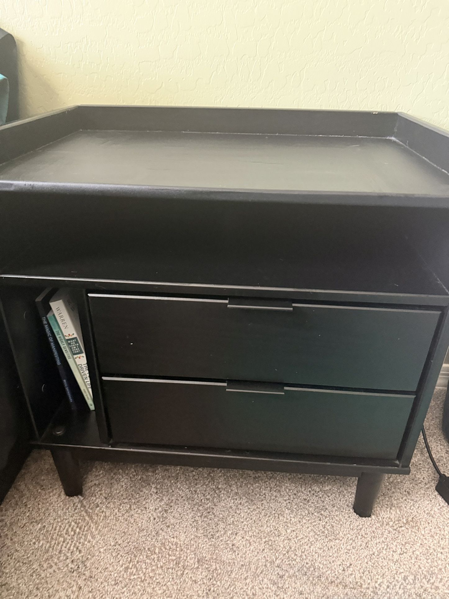 Black Nightstand with Built-In Bookshelf & Storage Drawers