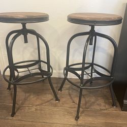 Two Wood And Metal Barstools
