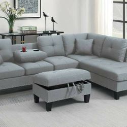 3pcs Sectional Sofa w/storage ottoman & cupholder