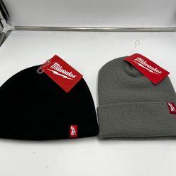 2X Milwaukee Beanie Hats Black Fleece Lined Knit Hat and Gray Acrylic Cuffed Beanie Hat