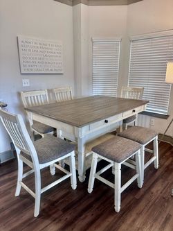 7-Piece Farmhouse Dining Set – Table, 4 Chairs & 2 Benches