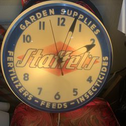16 inches STAFFEL’S Garden Supplied Fertilizer Feeds Insecticides light up advertising clock. Purchased in Luling Texas.  250.00.  Johanna at Antiques