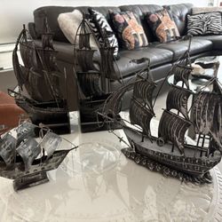 $25 Each Model Ship. Beautiful Collection Of Vintage Gray Metal Boats Sailboats.  Ship Statue Bookends & Sculpture.  All 4 Only 80!