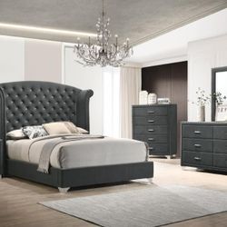 GREY VELVET BEDROOM SET 4PCS QUEEN