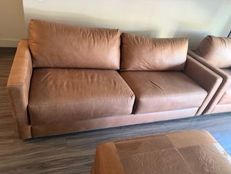 Tan Leather Two-Seat Sofa with a Ottoman